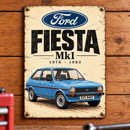 Ford Fiesta Mk1 A5 wooden retro sign – mounted on a workshop wall