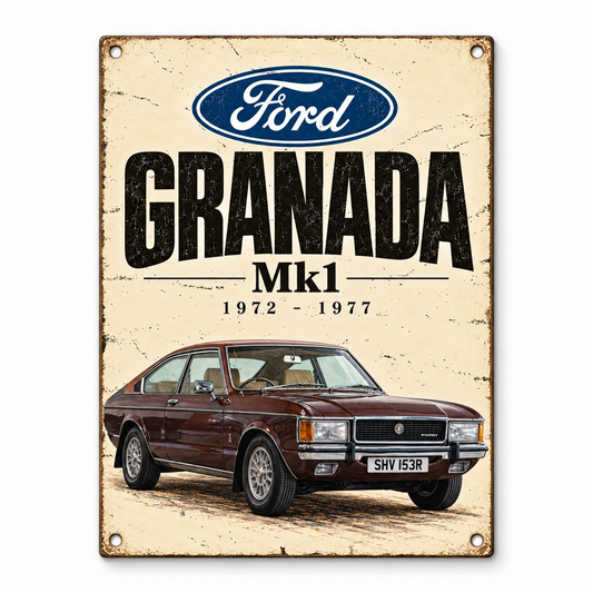 Ford Granada Mk1 A5 wooden retro sign – front view on white background