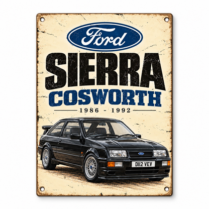 Ford Sierra Cosworth A5 wooden retro sign – front view on white background
