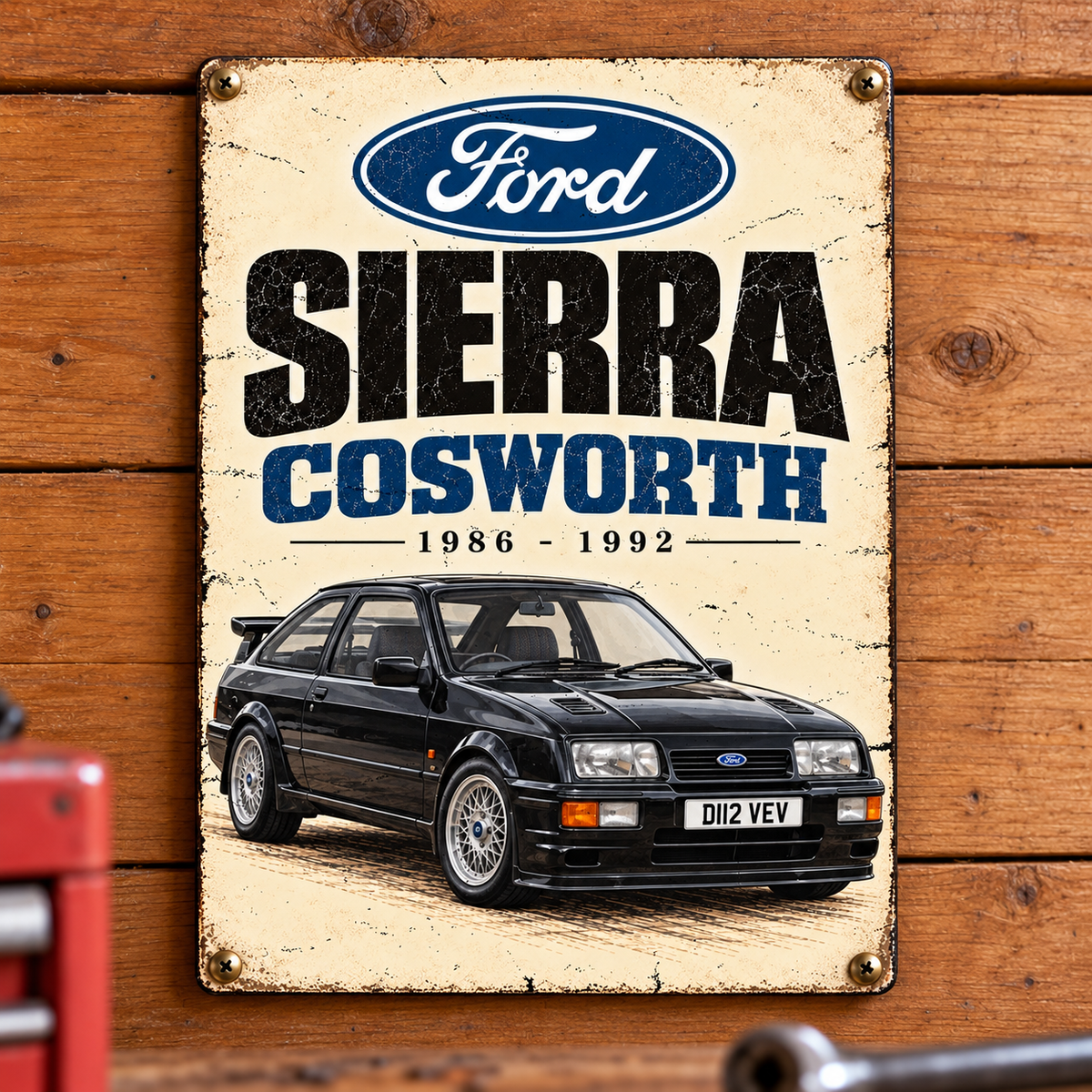 Ford Sierra Cosworth A5 wooden retro sign – mounted on a workshop wall