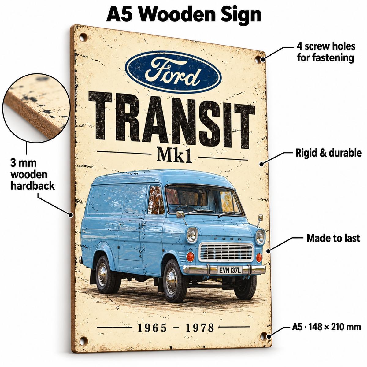 Ford Transit Mk1 A5 wooden retro sign – 3 mm wooden hardback and four screw holes