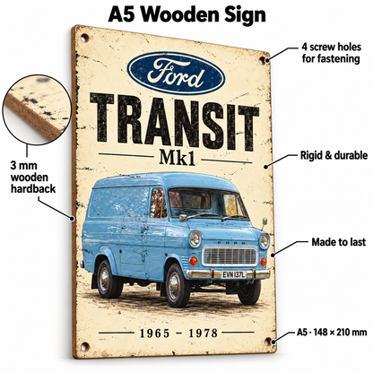 Ford Transit Mk1 A5 wooden retro sign – 3 mm wooden hardback and four screw holes