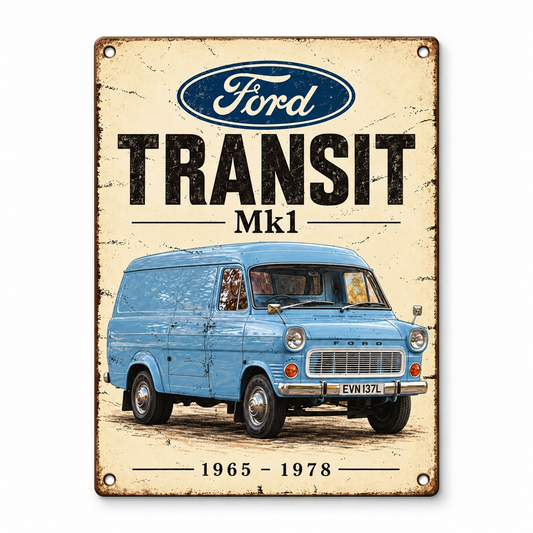 Ford Transit Mk1 A5 wooden retro sign – front view on white background