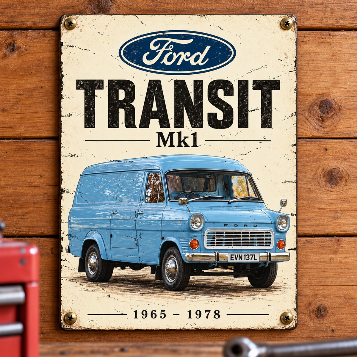 Ford Transit Mk1 A5 wooden retro sign – mounted on a workshop wall