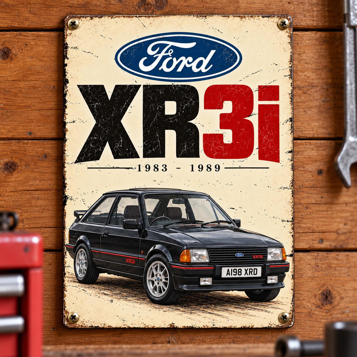 Ford XR3i A5 wooden retro sign – mounted on workshop wall