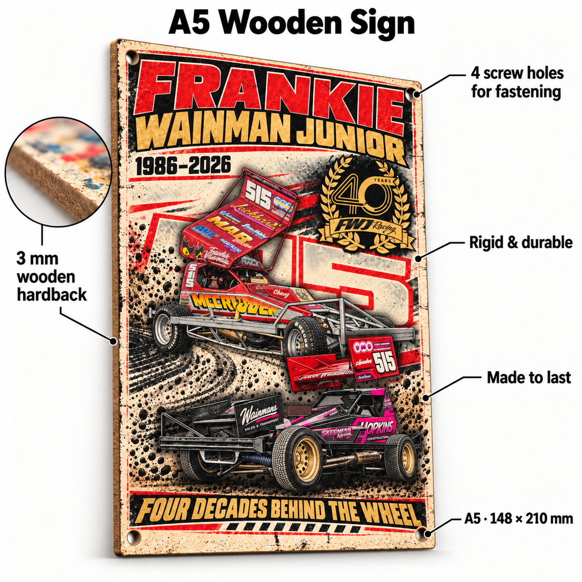 515 Frankie Wainman Junior A5 wooden retro sign – 3 mm wooden hardback and four screw holes