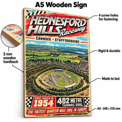 Hednesford Hills Raceway A5 wooden retro sign – 3 mm wooden hardback and four screw holes