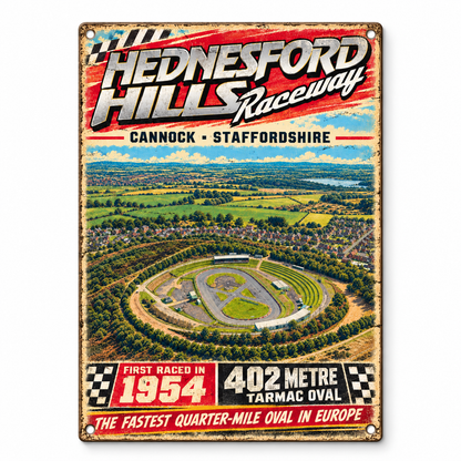 Hednesford Hills Raceway A5 wooden retro sign – front view on white background