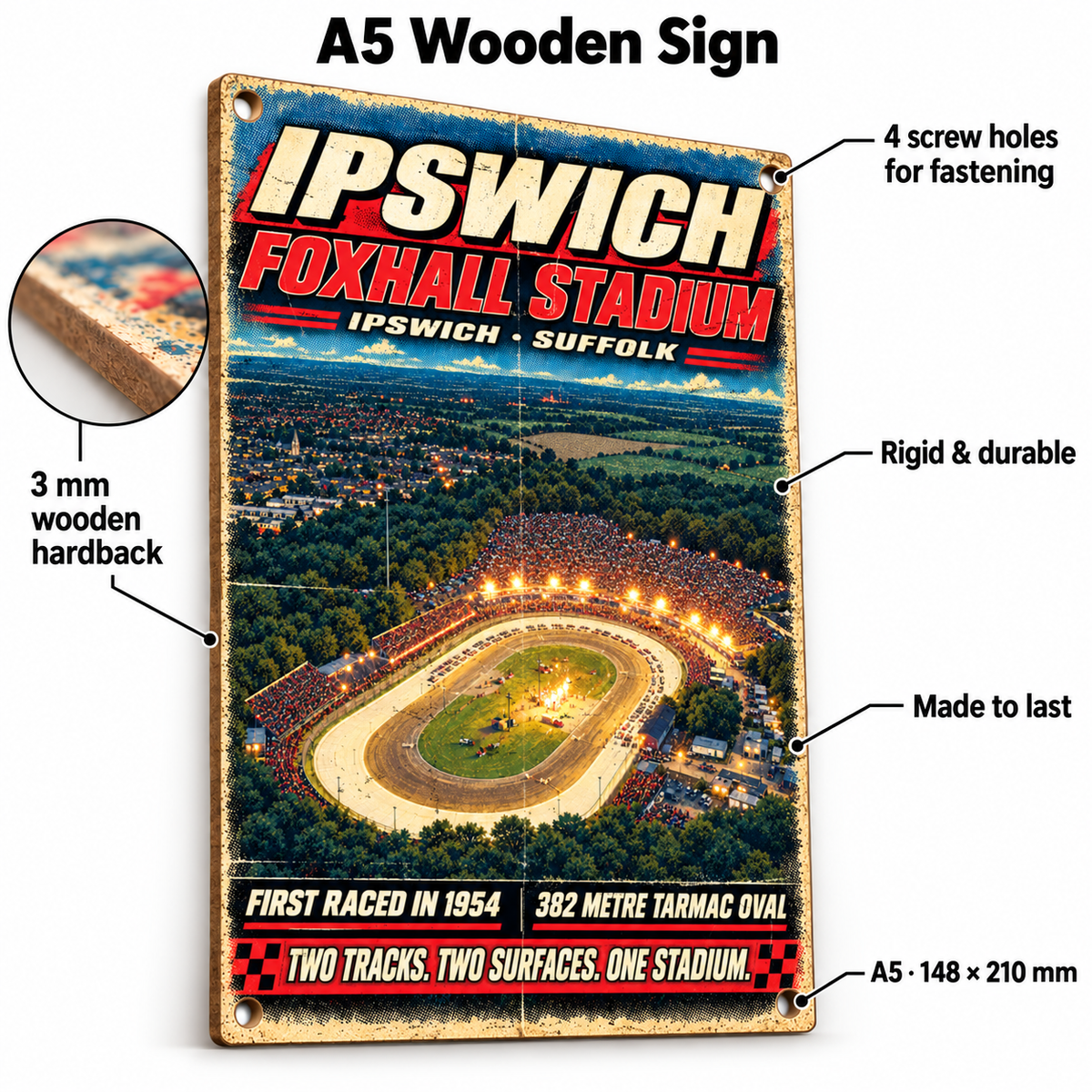 Ipswich Foxhall Stadium A5 wooden retro sign – 3 mm wooden hardback and four screw holes
