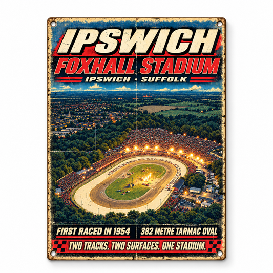 Ipswich Foxhall Stadium A5 wooden retro sign – front view on white background