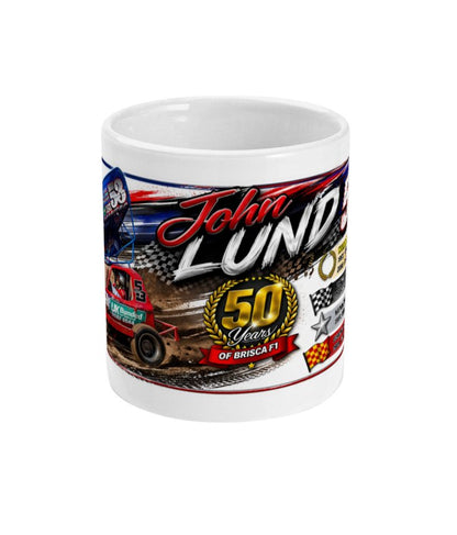 John Lund 53 50 Years of Brisca F1 commemorative stock car mug — front view with name and golden anniversary crest