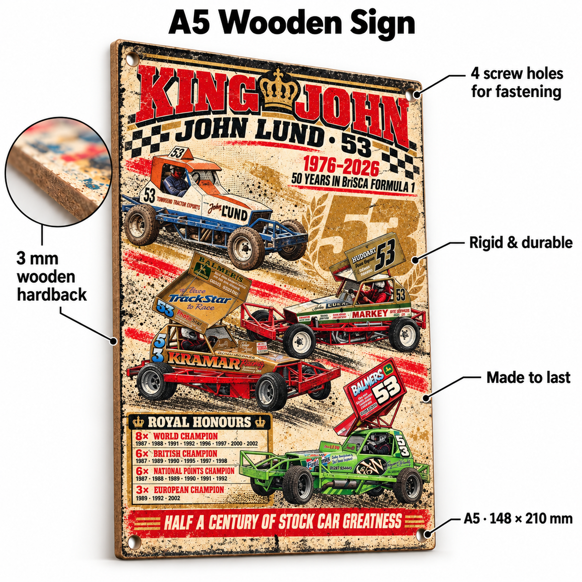 53 John Lund A5 wooden retro sign – 3 mm wooden hardback and four screw holes