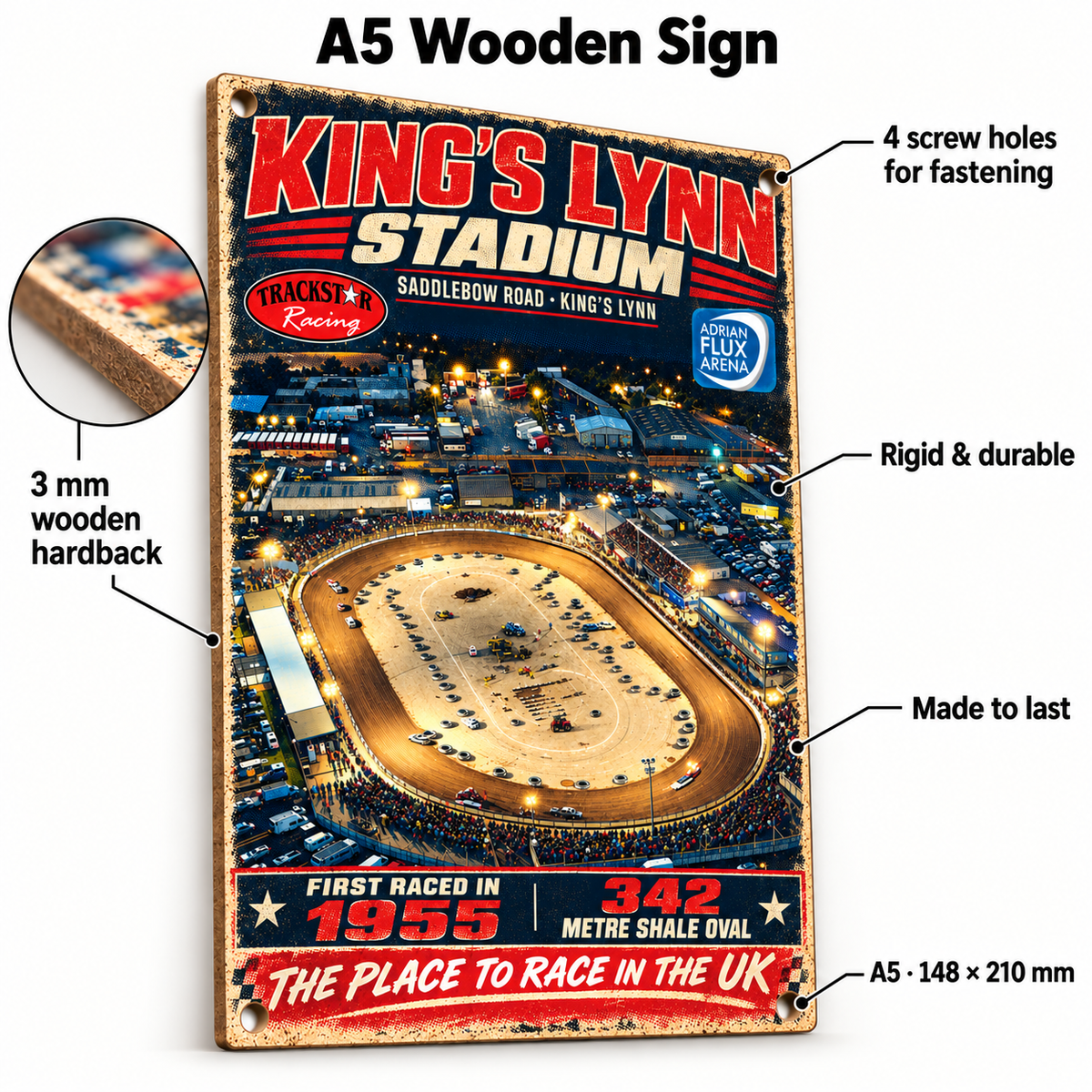 King’s Lynn Stadium A5 wooden retro sign – 3 mm wooden hardback and four screw holes