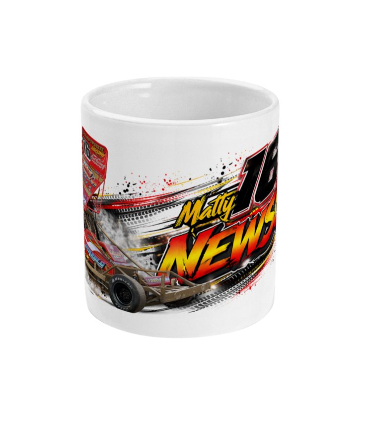 Matty Newson 16 Brisca F1 stock car mug — front view with name and number in fiery lettering