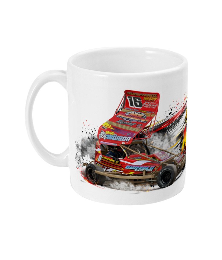 Matty Newson 16 Brisca F1 stock car mug — side view showing car in action with Swaffham Raceway wing