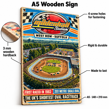 Mildenhall Stadium A5 wooden retro sign – 3 mm wooden hardback and four screw holes