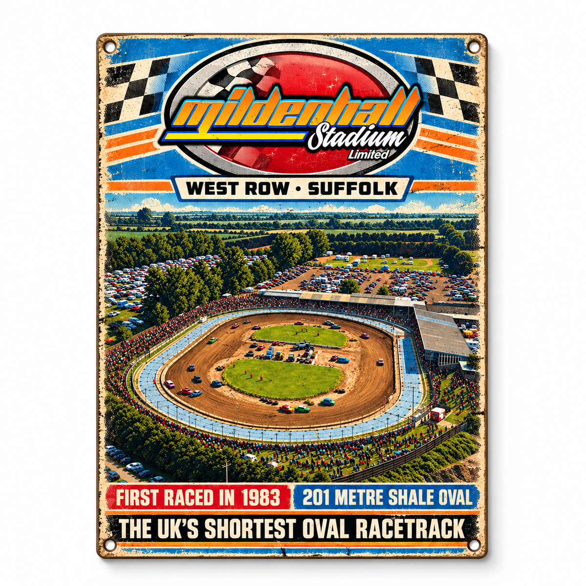 Mildenhall Stadium A5 wooden retro sign – front view on white background