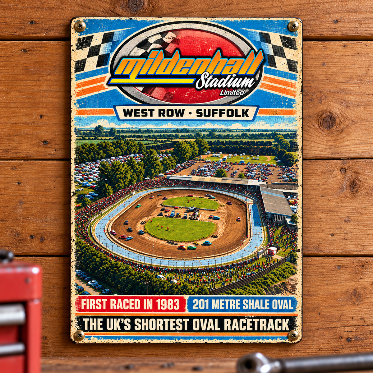 Mildenhall Stadium A5 wooden retro sign – mounted on a workshop wall