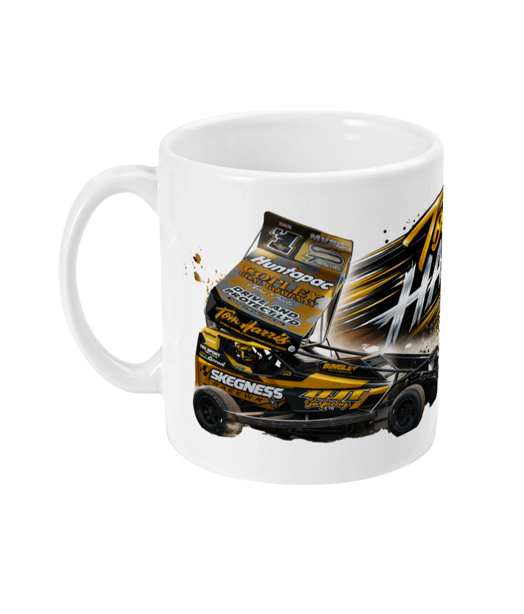 Tom Harris number 1 Brisca F1 World Champion stock car mug — side view showing black and gold Huntapac car with gold roof