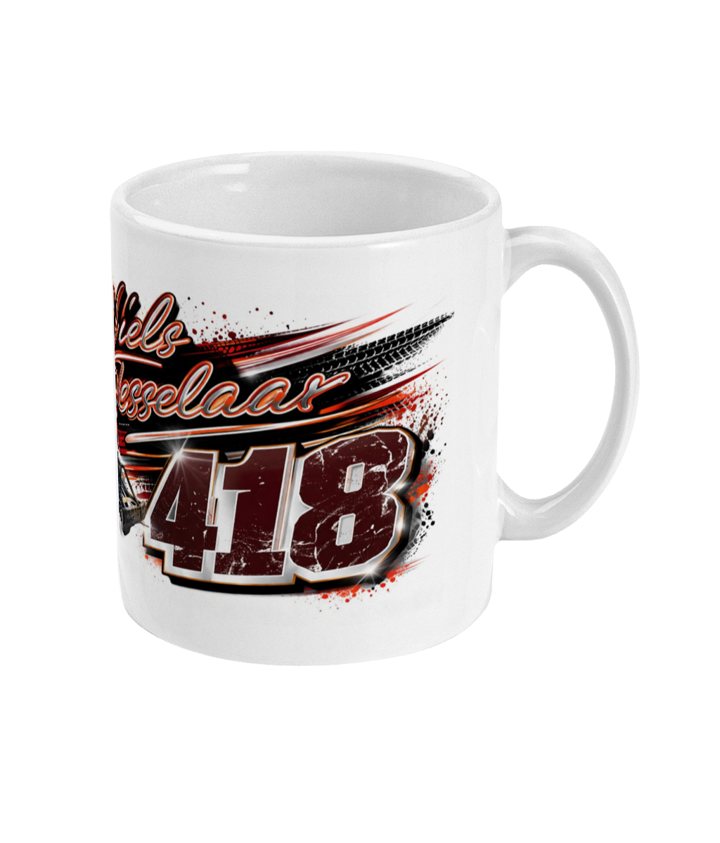 Niels Tesselaar 418 Brisca F1 stock car mug — side view with Niels Tesselaar name and 418 number with tyre mark design