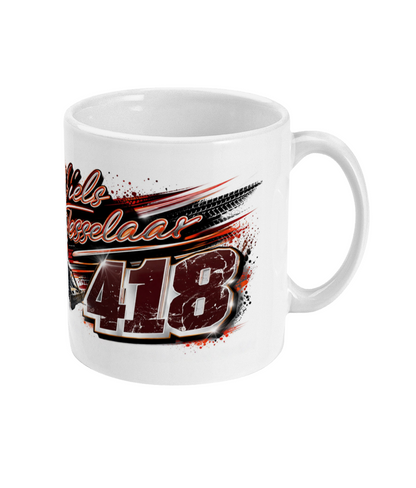 Niels Tesselaar 418 Brisca F1 stock car mug — side view with Niels Tesselaar name and 418 number with tyre mark design