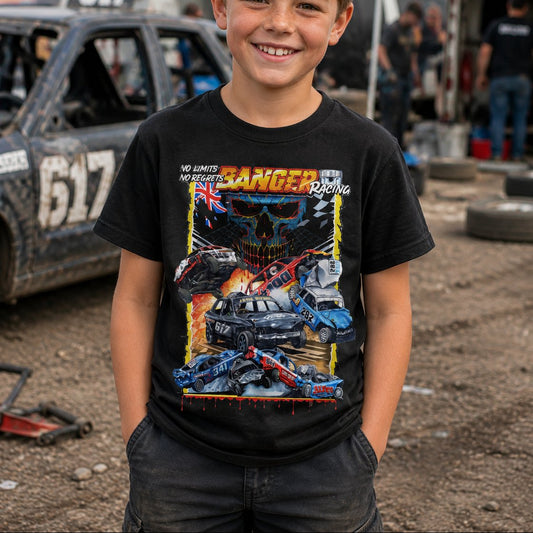 Young boy wearing No Limits No Regrets kids banger racing t-shirt in black at a banger racing event with banger cars in background