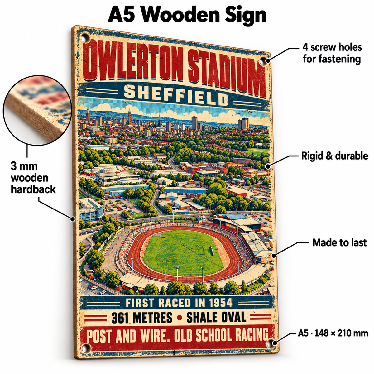 Owlerton Stadium A5 wooden retro sign – 3 mm wooden hardback and four screw holes