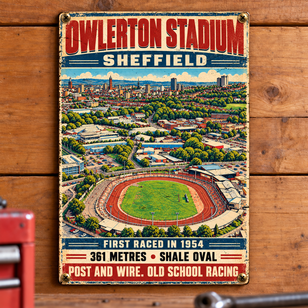 Owlerton Stadium A5 wooden retro sign – mounted on a workshop wall