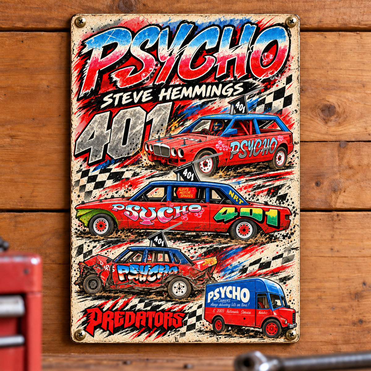 Psycho 401 Steve Hemmings A5 wooden retro sign – mounted on a workshop wall