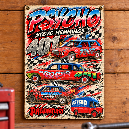 Psycho 401 Steve Hemmings A5 wooden retro sign – mounted on a workshop wall