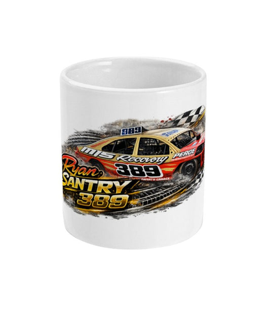 Ryan Santry 389 2L Saloon Stock Car World Champion mug — front view showing MIS Recovery car and chequered flag