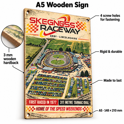 Skegness Raceway A5 wooden retro sign – 3 mm wooden hardback and four screw holes