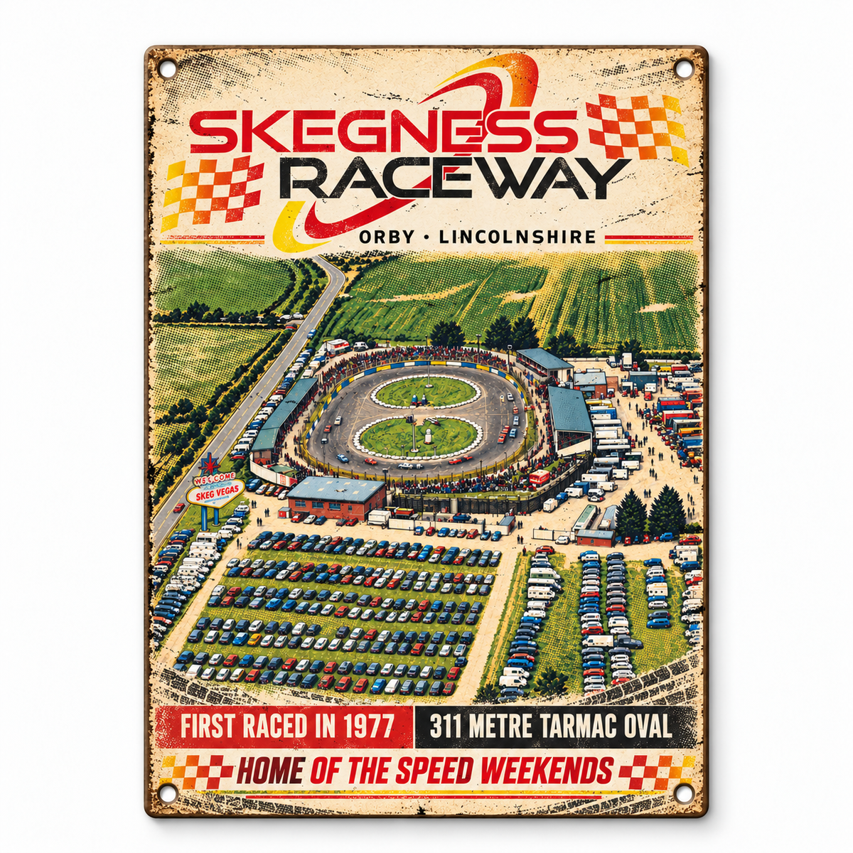 Skegness Raceway A5 wooden retro sign – front view on white background