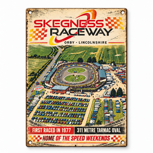 Skegness Raceway A5 wooden retro sign – front view on white background