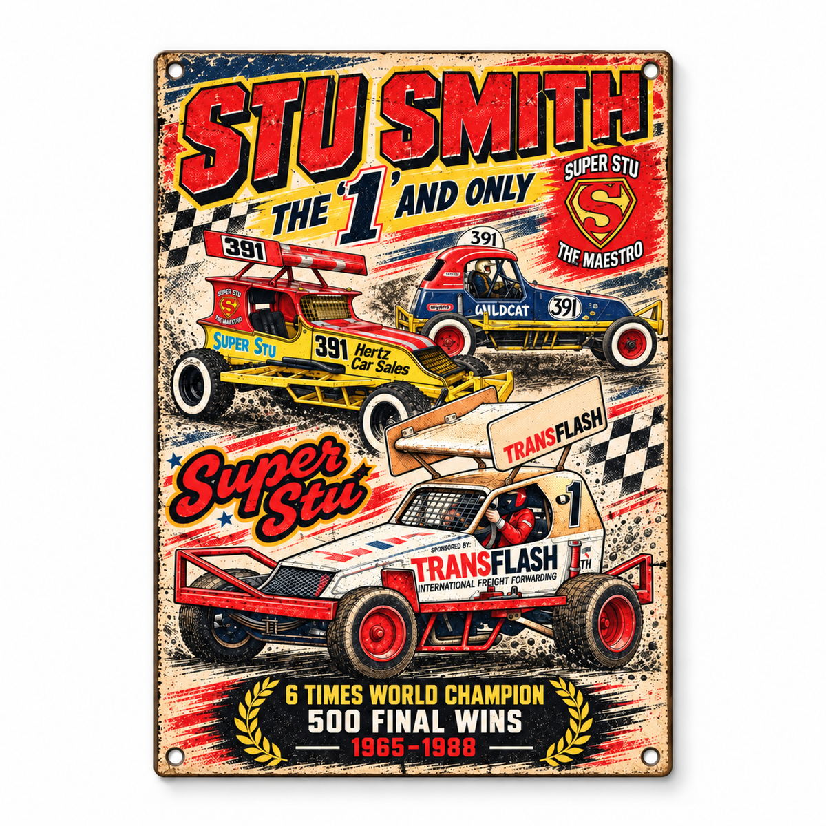 Stu Smith A5 wooden retro sign – front view on white background