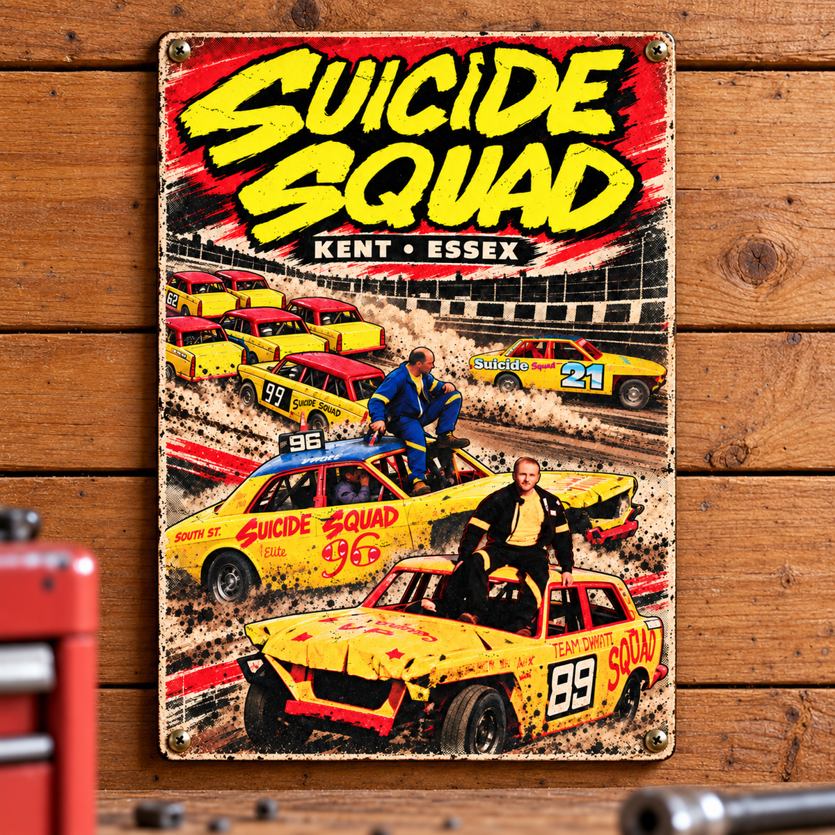 Suicide Squad A5 wooden retro sign – mounted on a workshop wall