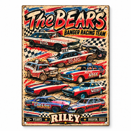 The Bears A5 wooden retro banger racing sign, front view on white background