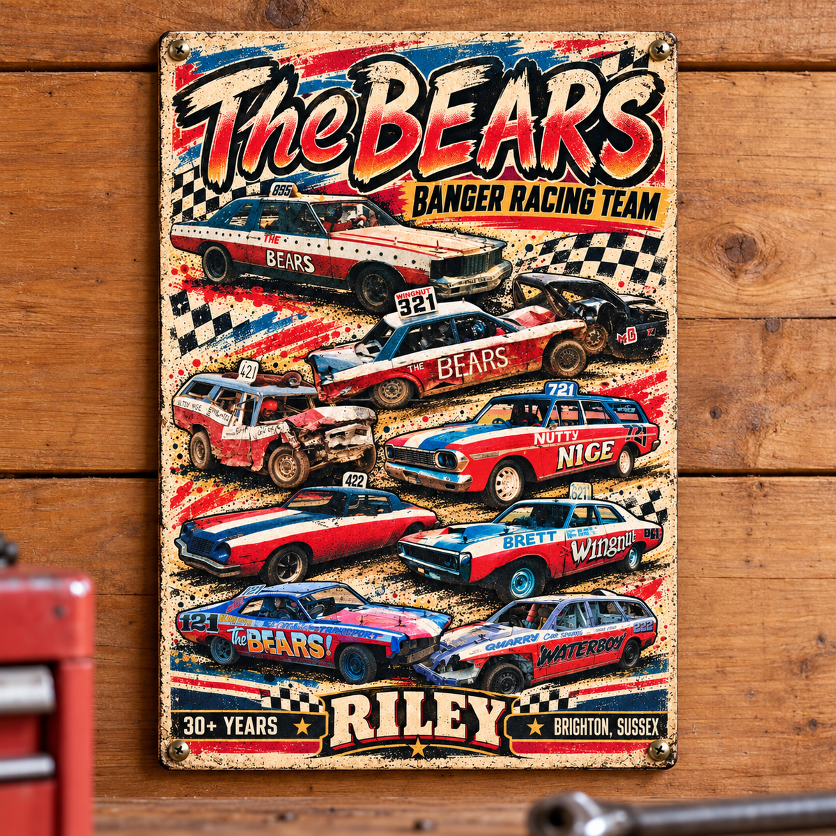 The Bears wooden retro sign mounted on a workshop wall