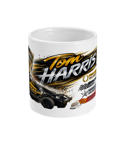 Tom Harris number 1 Brisca F1 World Champion stock car mug — front view with Tom Harris name and car in action