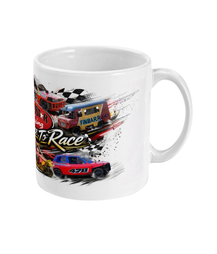 Trackstar Racing The Place To Race Norfolk Arena Kings Lynn mug — side view with Finbarr 349 and 478 cars