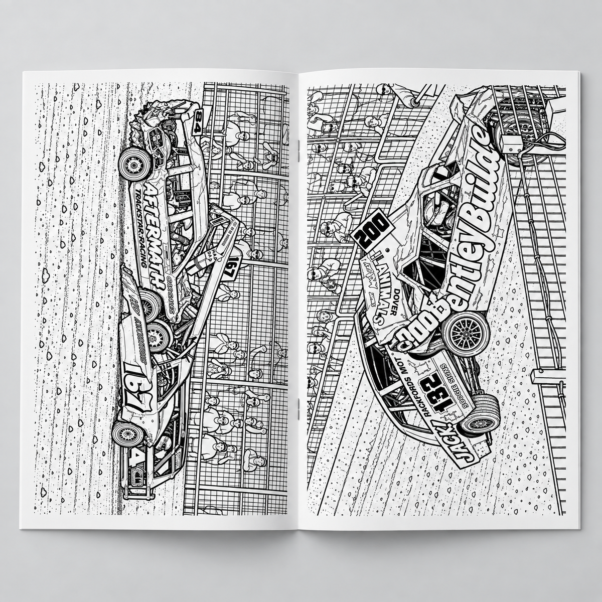 Unlimited Banger Colouring Book Volume 2 open booklet showing racing cars colouring pages