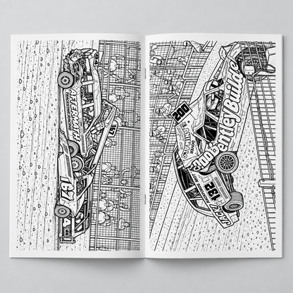 Unlimited Banger Colouring Book Volume 2 open booklet showing racing cars colouring pages
