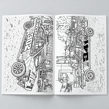 Unlimited Banger Colouring Book Volume 2 open booklet showing cars 902 and 341 colouring pages