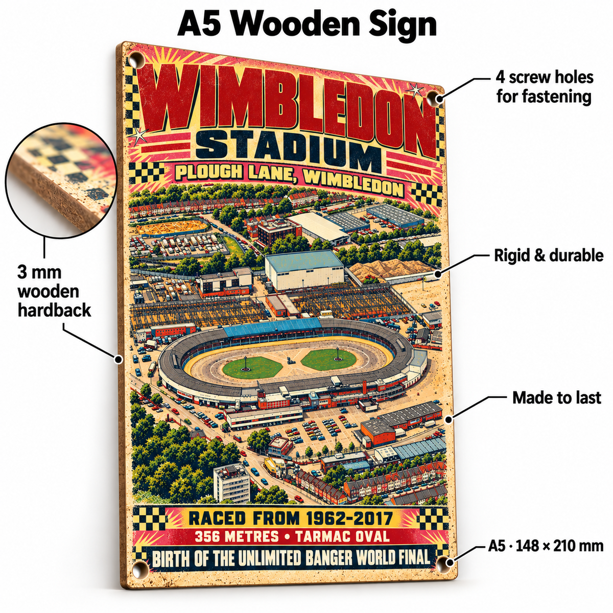 Wimbledon Stadium A5 wooden retro sign – 3 mm wooden hardback and four screw holes