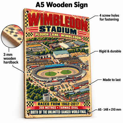 Wimbledon Stadium A5 wooden retro sign – 3 mm wooden hardback and four screw holes