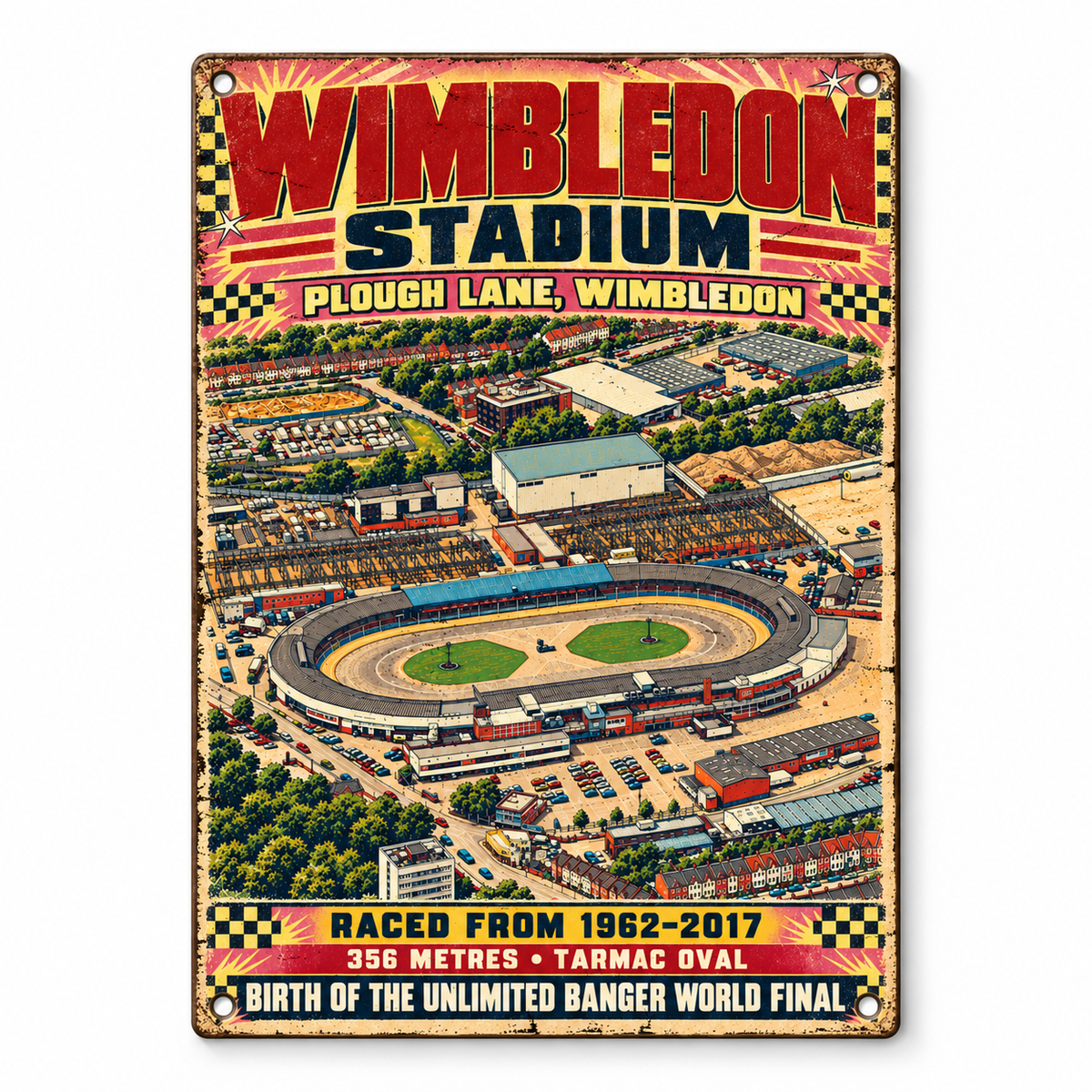 Wimbledon Stadium A5 wooden retro sign – front view on white background