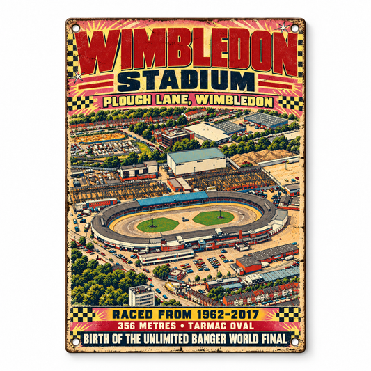Wimbledon Stadium A5 wooden retro sign – front view on white background