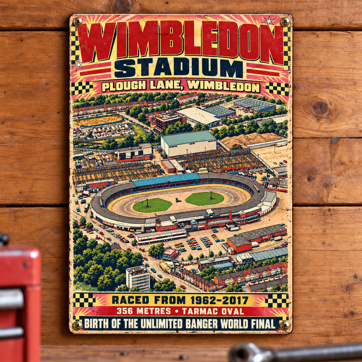 Wimbledon Stadium A5 wooden retro sign – mounted on a workshop wall