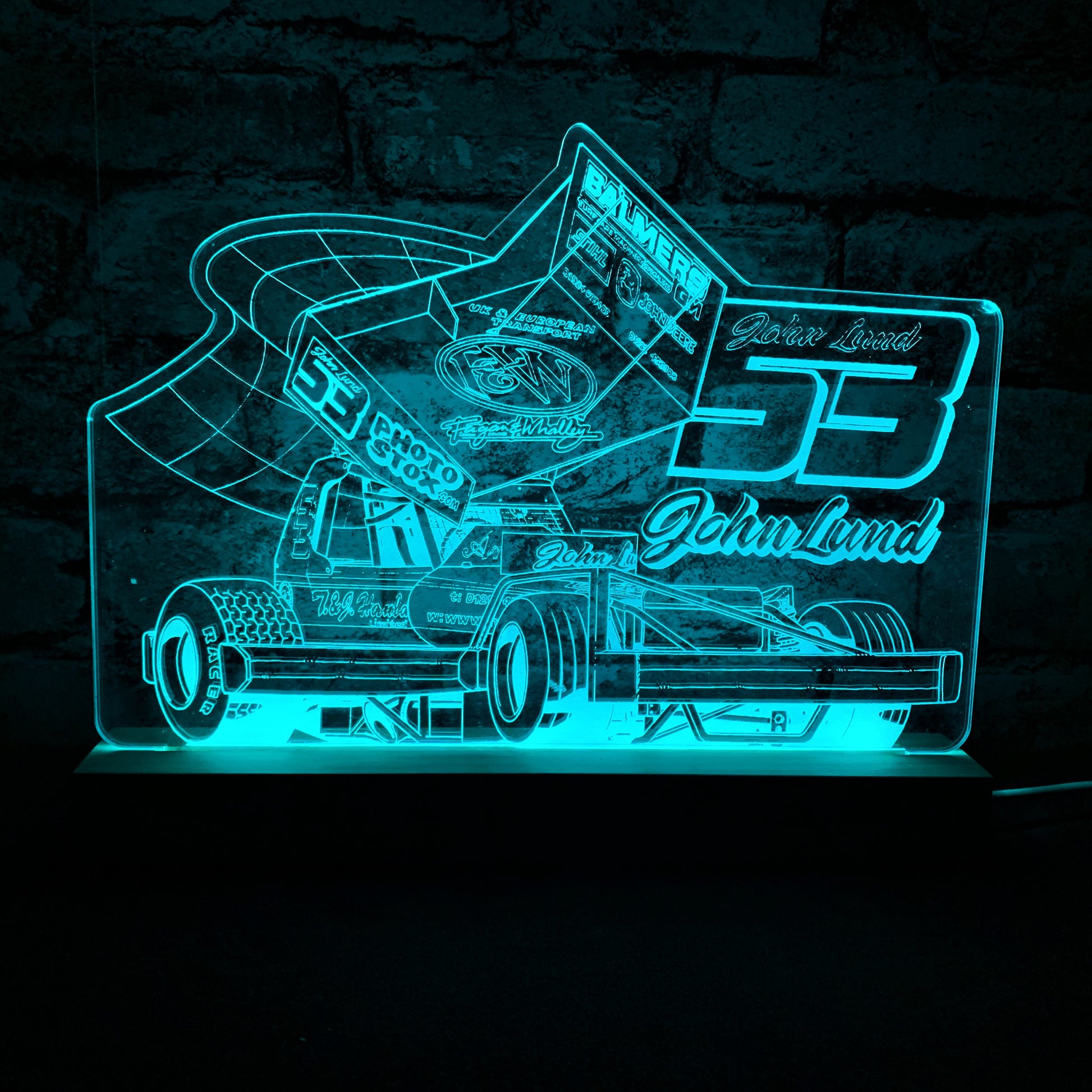 John Lund 53 Brisca F1 Night Light - Large Wooden Base - Night Light - Stock Car & Banger Toy Tracks