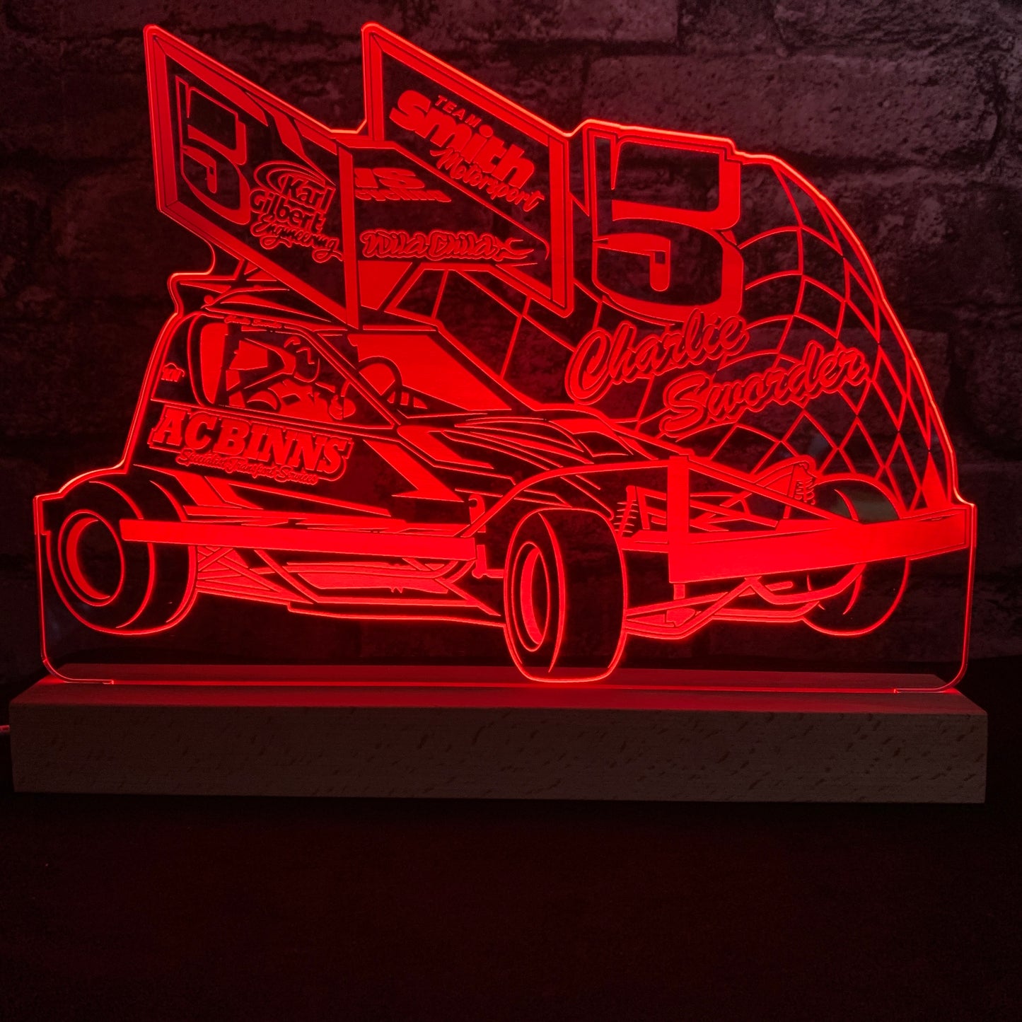 Charlie Sworder #5 Brisca F1 Night Light - Large Wooden Base - Night Light - Stock Car & Banger Toy Tracks